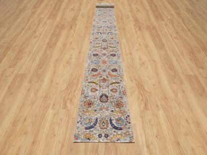 Ivory 2'7" x 23'10" Transitional Hand knotted Wool/Silk Rug - Sku: O090943