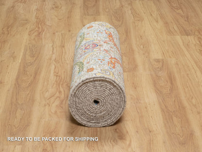 Ivory 2'7" x 23'10" Transitional Hand knotted Wool/Silk Rug - Sku: O090943