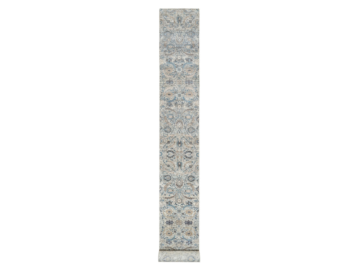 Transitional hand-knotted wool/silk runner in Ivory, 2'7" x 25'9", SKU O090944
