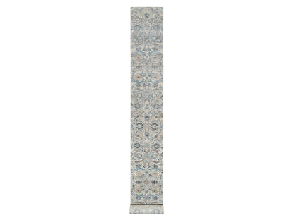 Ivory 2'7" x 25'9" Transitional Hand knotted Wool/Silk Rug - Sku: O090944
