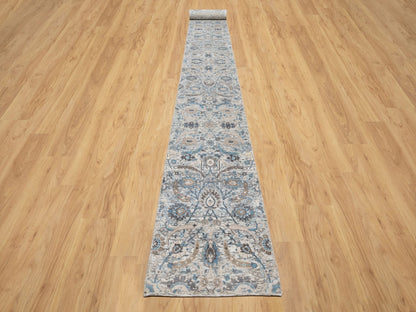 Ivory 2'7" x 25'9" Transitional Hand knotted Wool/Silk Rug - Sku: O090944