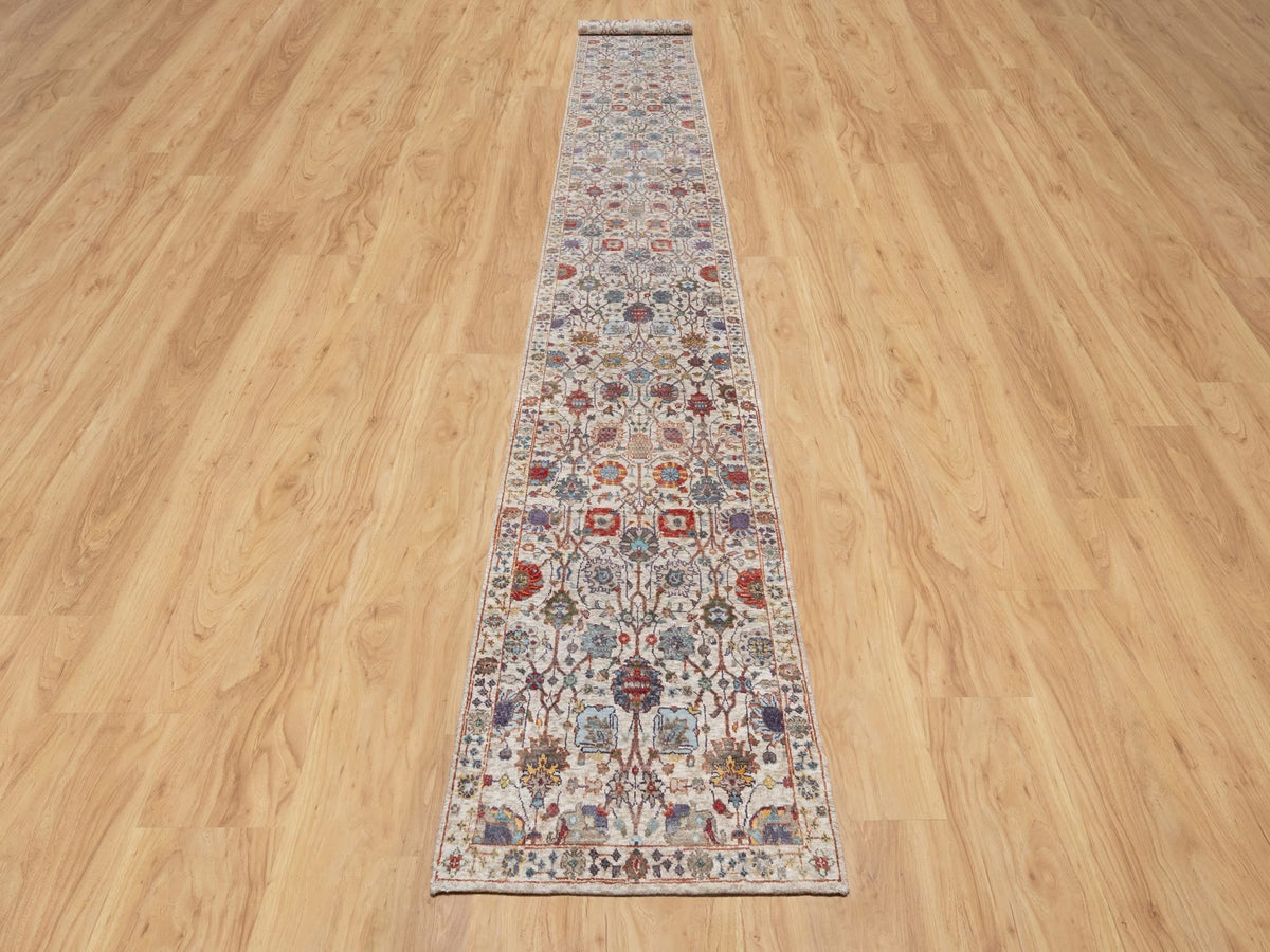 Tabriz Transitional hand-knotted wool/silk runner in Ivory, 2'6" x 18'4", SKU O090945
