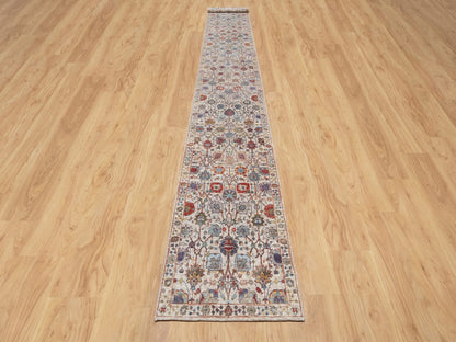 Ivory 2'6" x 18'4" Transitional Hand knotted Wool/Silk Rug - Sku: O090945