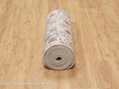 Ivory 2'6" x 18'4" Transitional Hand knotted Wool/Silk Rug - Sku: O090945