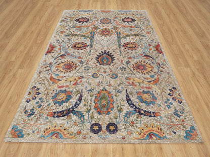 Transitional hand-knotted wool/silk rug in Beige, 6'3" x 9'1", SKU O090947