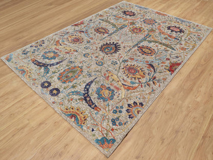 Transitional hand-knotted wool/silk rug in Beige, 6'3" x 9'1", SKU O090947
