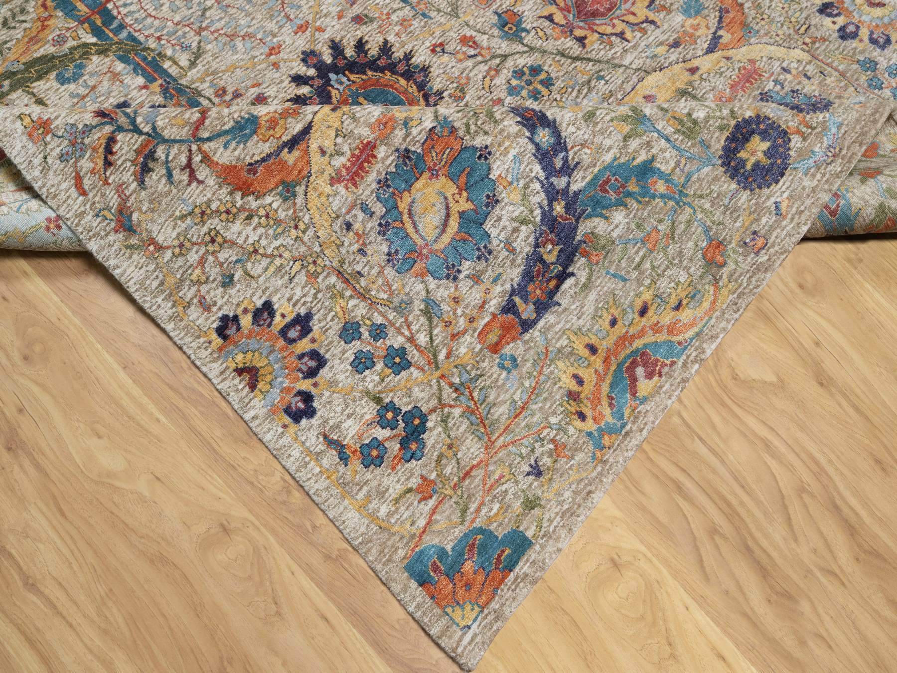 Transitional hand-knotted wool/silk rug in Beige, 6'3" x 9'1", SKU O090947