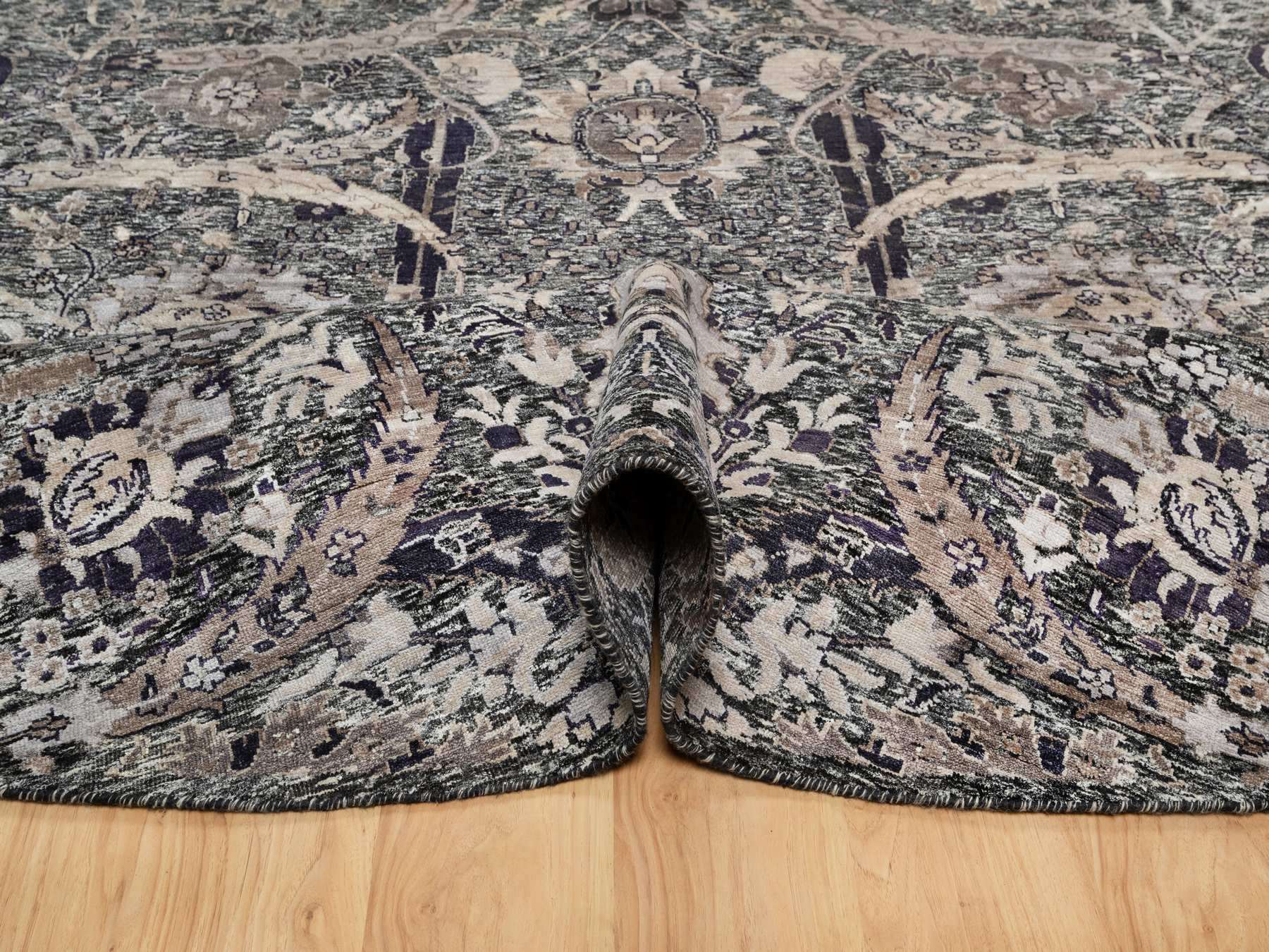 Transitional hand-knotted wool/silk rug in Black, 9'6" x 9'6", SKU O090958
