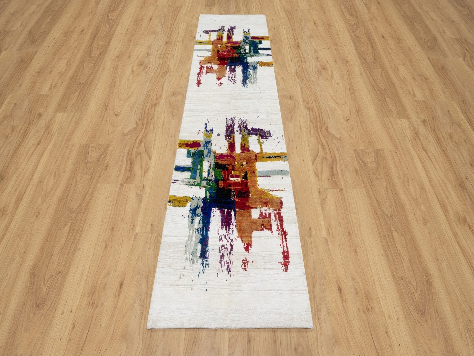 Multicolored 2'6" x 9'10" Modern / Contemporary Hand knotted Wool/Silk Rug - Sku: O090961