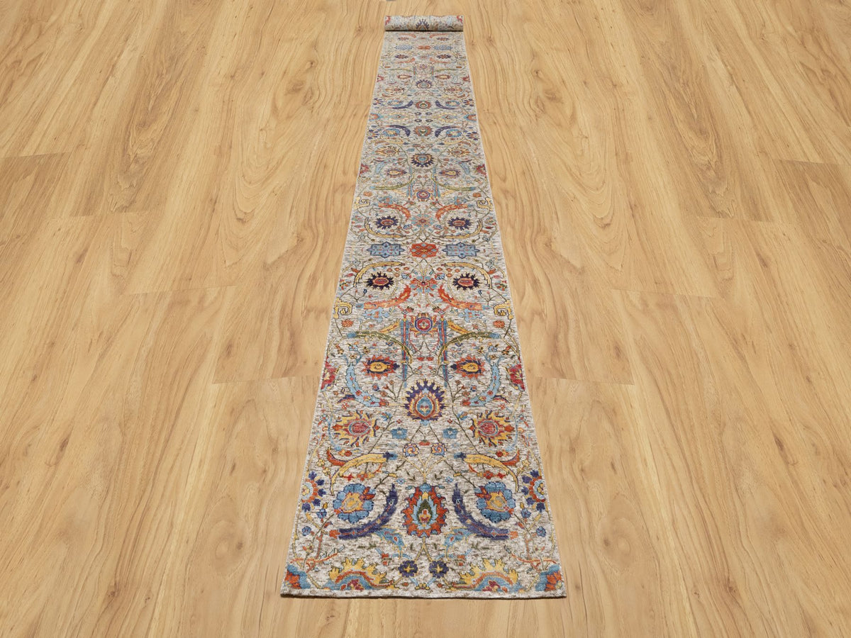Transitional hand-knotted wool/silk runner in Ivory, 2'7" x 20'2", SKU O090962