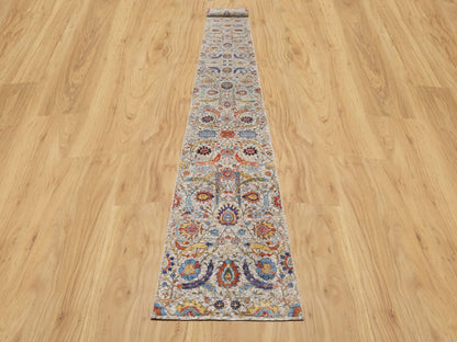 Ivory 2'7" x 20'2" Transitional Hand knotted Wool/Silk Rug - Sku: O090962