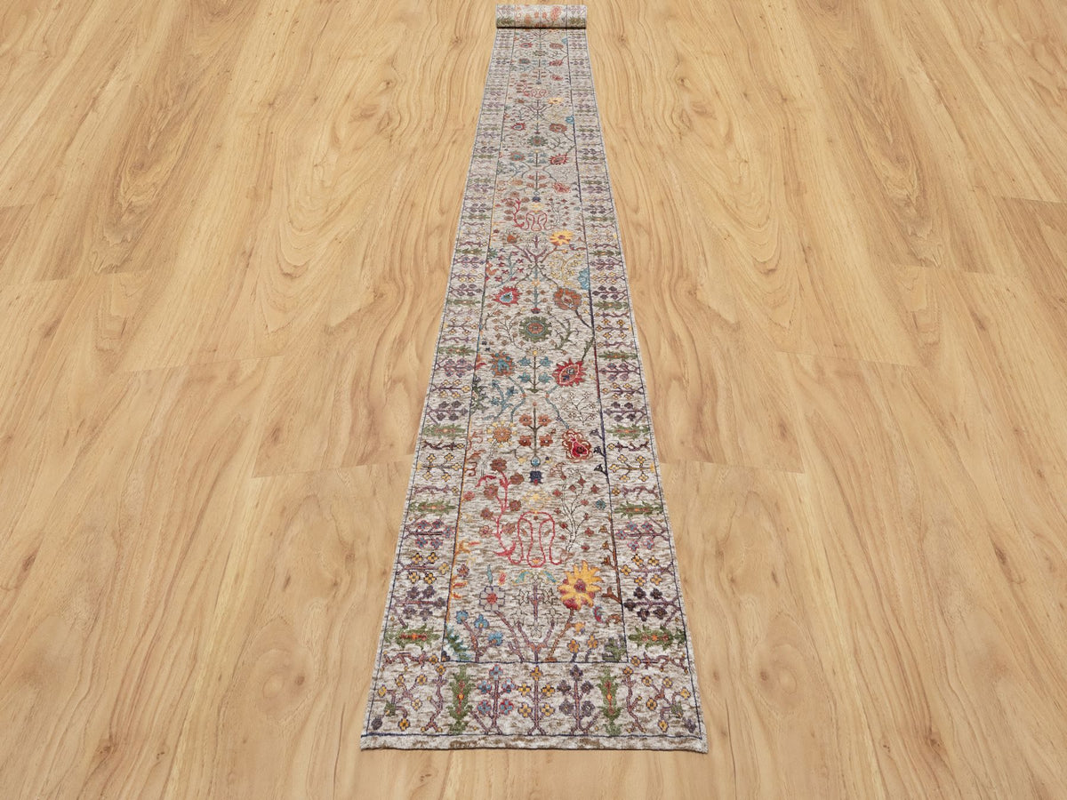 Transitional hand-knotted wool/silk runner in Beige, 2'6" x 23'10", SKU O090963