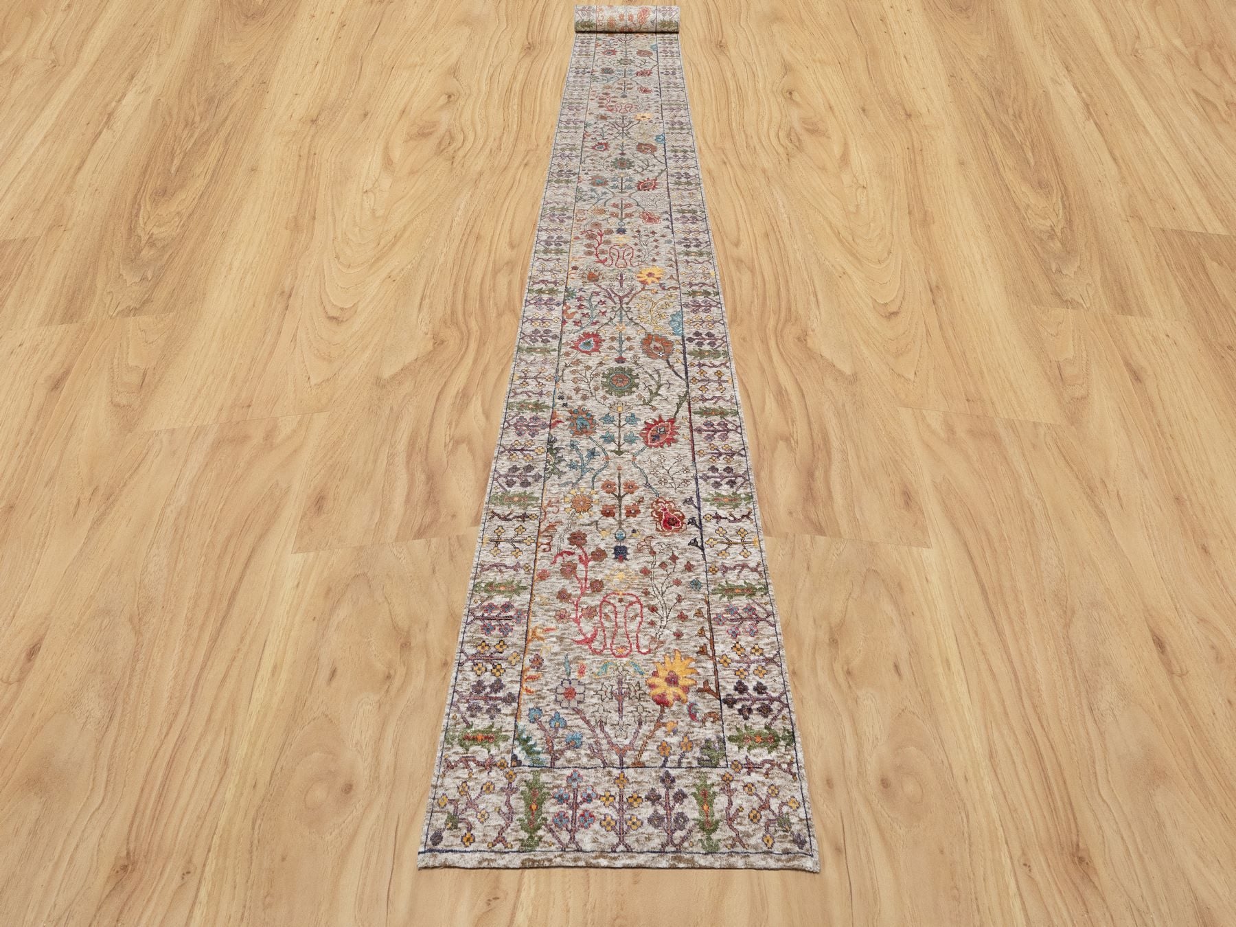 Transitional hand-knotted wool/silk runner in Beige, 2'6" x 23'10", SKU O090963
