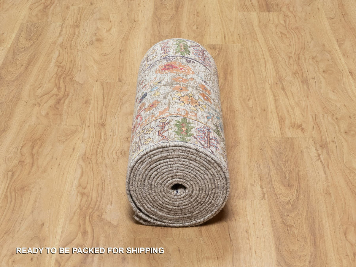 Transitional hand-knotted wool/silk runner in Beige, 2'6" x 23'10", SKU O090963