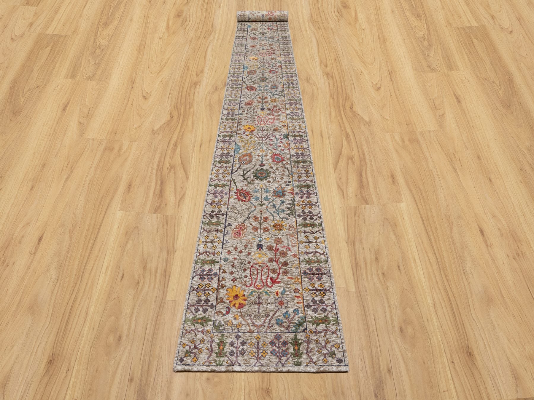 Transitional hand-knotted wool/silk runner in Beige, 2'7" x 22'0", SKU O090964