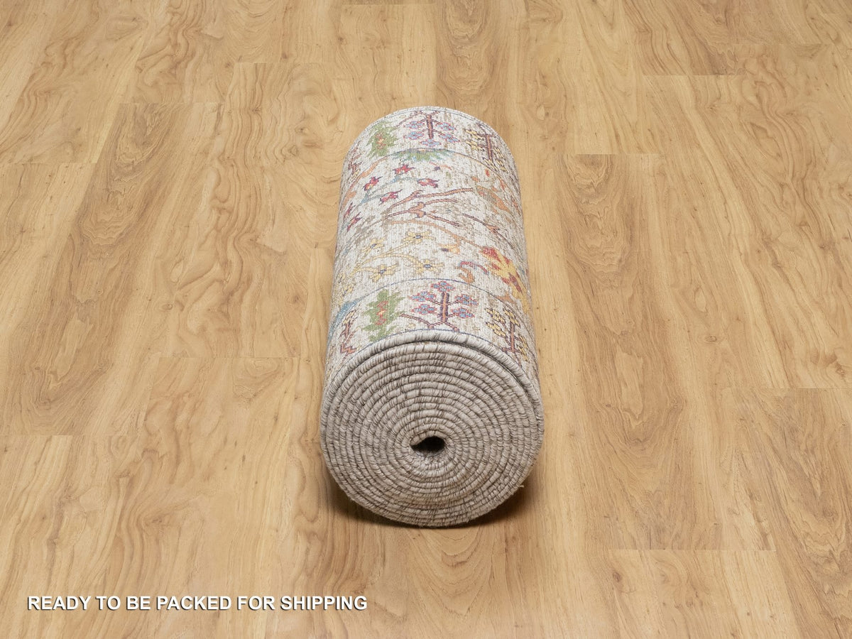 Transitional hand-knotted wool/silk runner in Beige, 2'7" x 22'0", SKU O090964