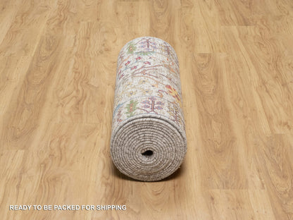 Transitional hand-knotted wool/silk runner in Beige, 2'7" x 22'0", SKU O090964