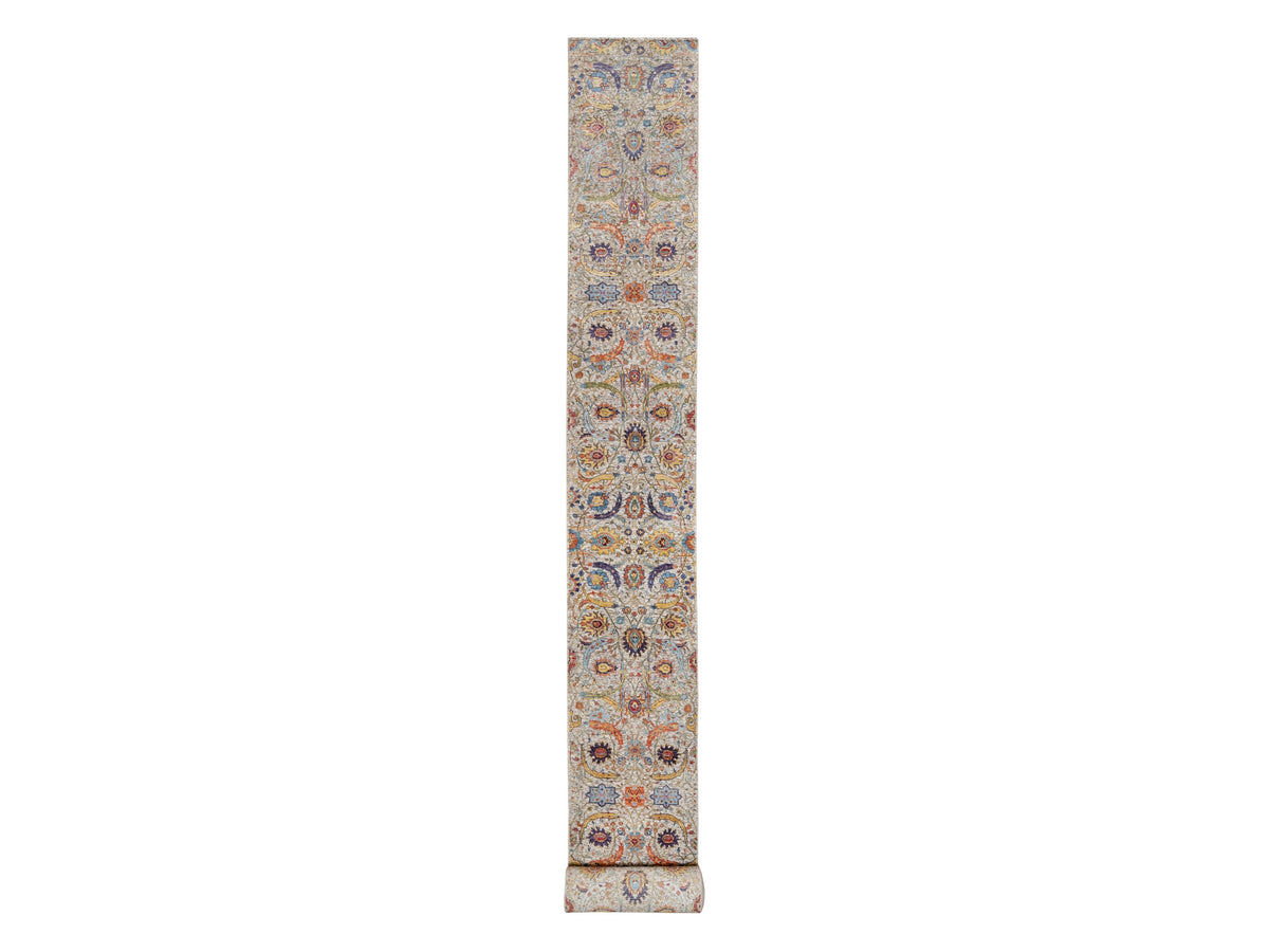 Transitional hand-knotted wool/silk runner in Ivory, 2'6" x 27'7", SKU O090965