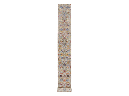 Ivory 2'6" x 27'7" Transitional Hand knotted Wool/Silk Rug - Sku: O090965
