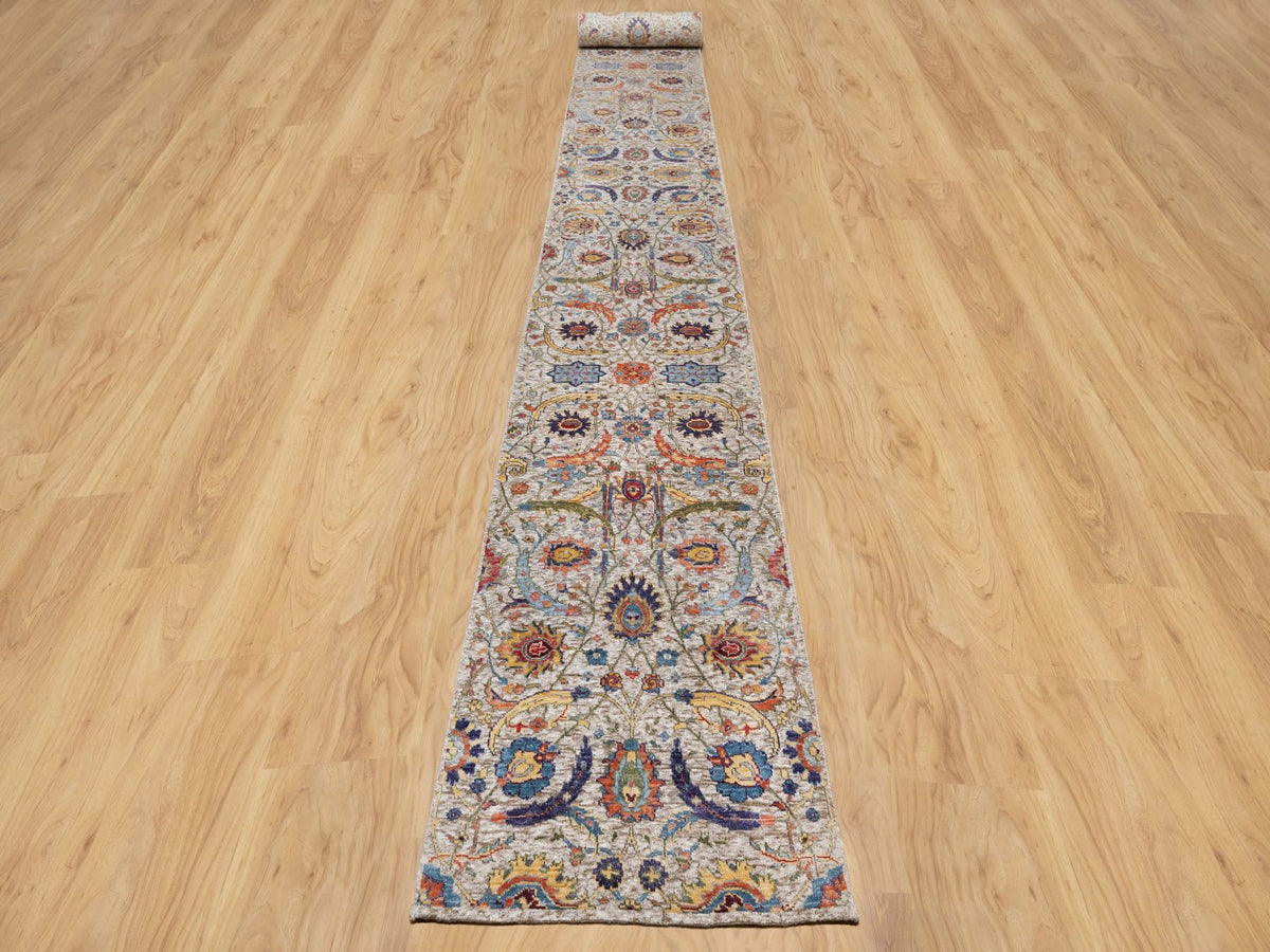 Transitional hand-knotted wool/silk runner in Ivory, 2'6" x 27'7", SKU O090965