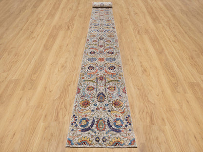Ivory 2'6" x 27'7" Transitional Hand knotted Wool/Silk Rug - Sku: O090965