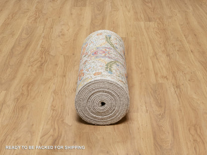 Ivory 2'6" x 27'7" Transitional Hand knotted Wool/Silk Rug - Sku: O090965