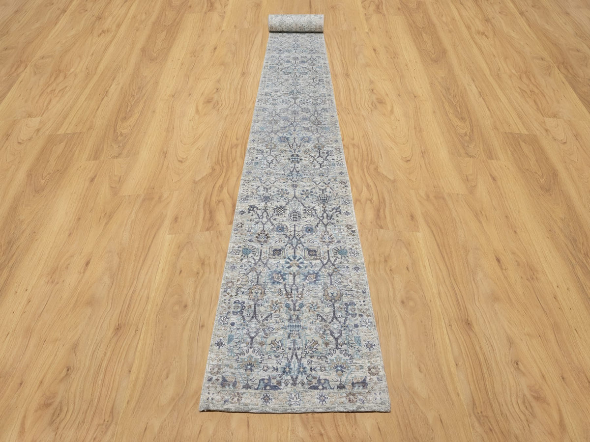 Tabriz Transitional hand-knotted silk runner in Ivory, 2'7" x 27'7", SKU O090968