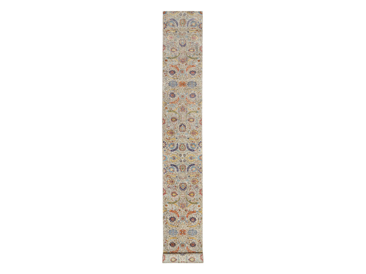 Transitional hand-knotted wool/silk runner in Ivory, 2'7" x 22'1", SKU O090971