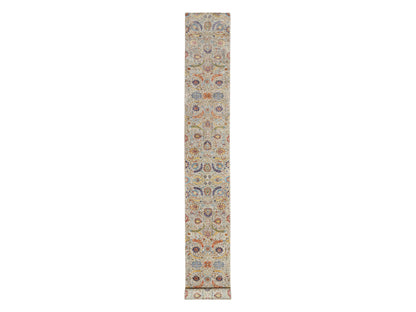 Ivory 2'7" x 22'1" Transitional Hand knotted Wool/Silk Rug - Sku: O090971