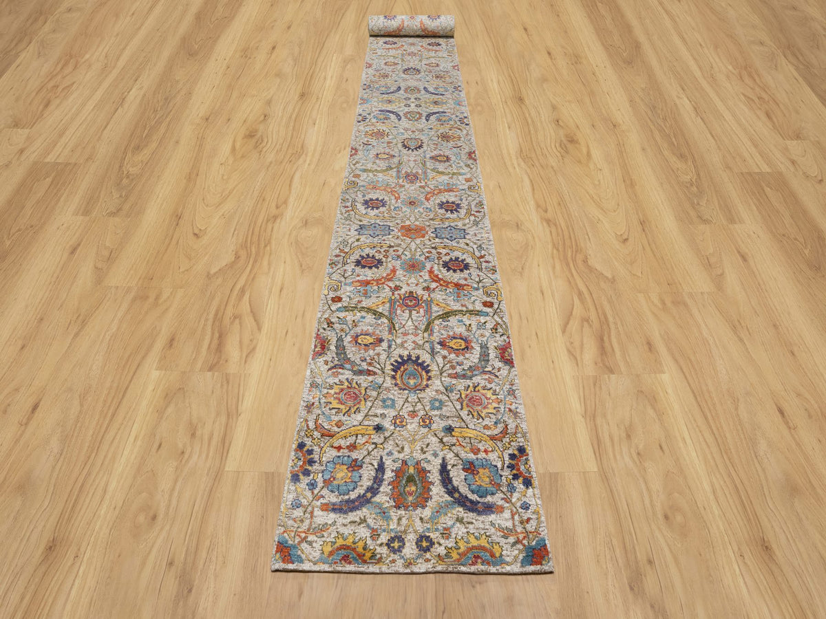 Transitional hand-knotted wool/silk runner in Ivory, 2'7" x 22'1", SKU O090971