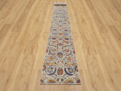 Ivory 2'7" x 22'1" Transitional Hand knotted Wool/Silk Rug - Sku: O090971