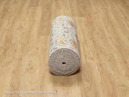 Ivory 2'7" x 22'1" Transitional Hand knotted Wool/Silk Rug - Sku: O090971