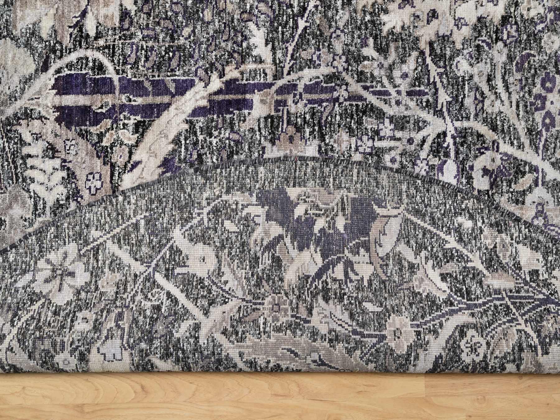 Transitional hand-knotted wool/silk rug in Black, 7'10" x 7'10", SKU O090973