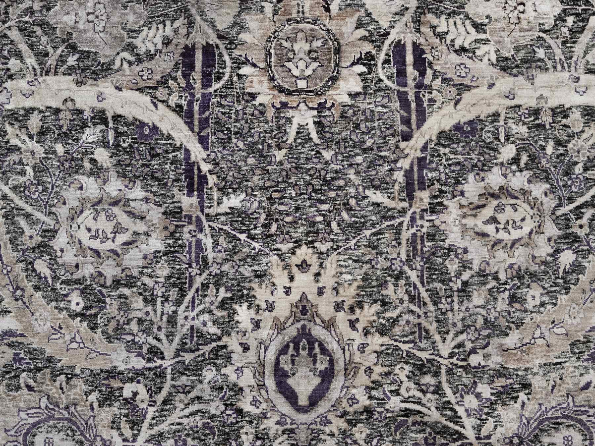 Transitional hand-knotted wool/silk rug in Black, 7'10" x 7'10", SKU O090973