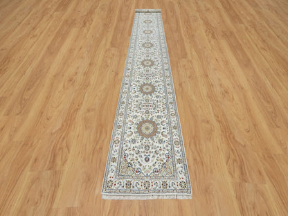 Ivory 2'8" x 17'8" Fine Oriental Hand knotted Wool/Silk Rug - Sku: O090974