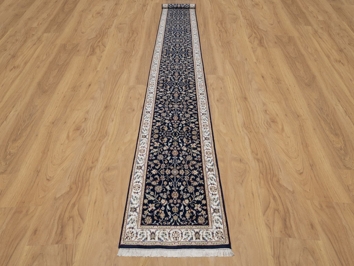 Nain Traditional hand-knotted wool/silk runner in Blue, 2'8" x 18'1", SKU O090979