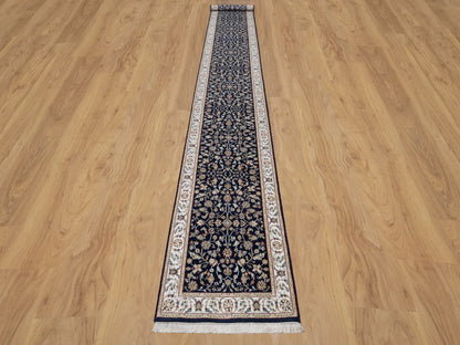 Nain Traditional hand-knotted wool/silk runner in Blue, 2'8" x 18'1", SKU O090979