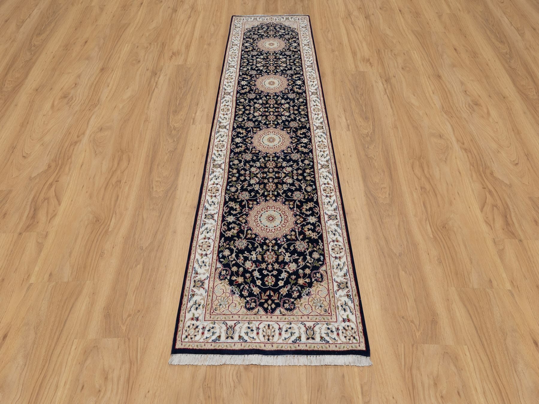 Blue 2'6" x 10'0" Traditional Hand knotted Wool/Silk Rug - Sku: O090989