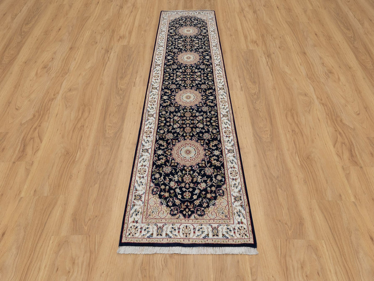 Nain Traditional hand-knotted wool/silk runner in Blue, 2'6" x 10'0", SKU O090989