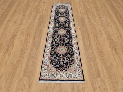 Nain Traditional hand-knotted wool/silk runner in Blue, 2'6" x 10'0", SKU O090989