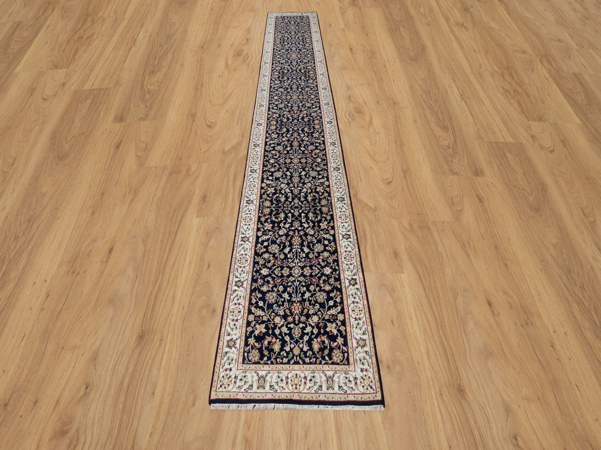 Nain Traditional hand-knotted wool/silk runner in Blue, 2'7" x 16'0", SKU O091016