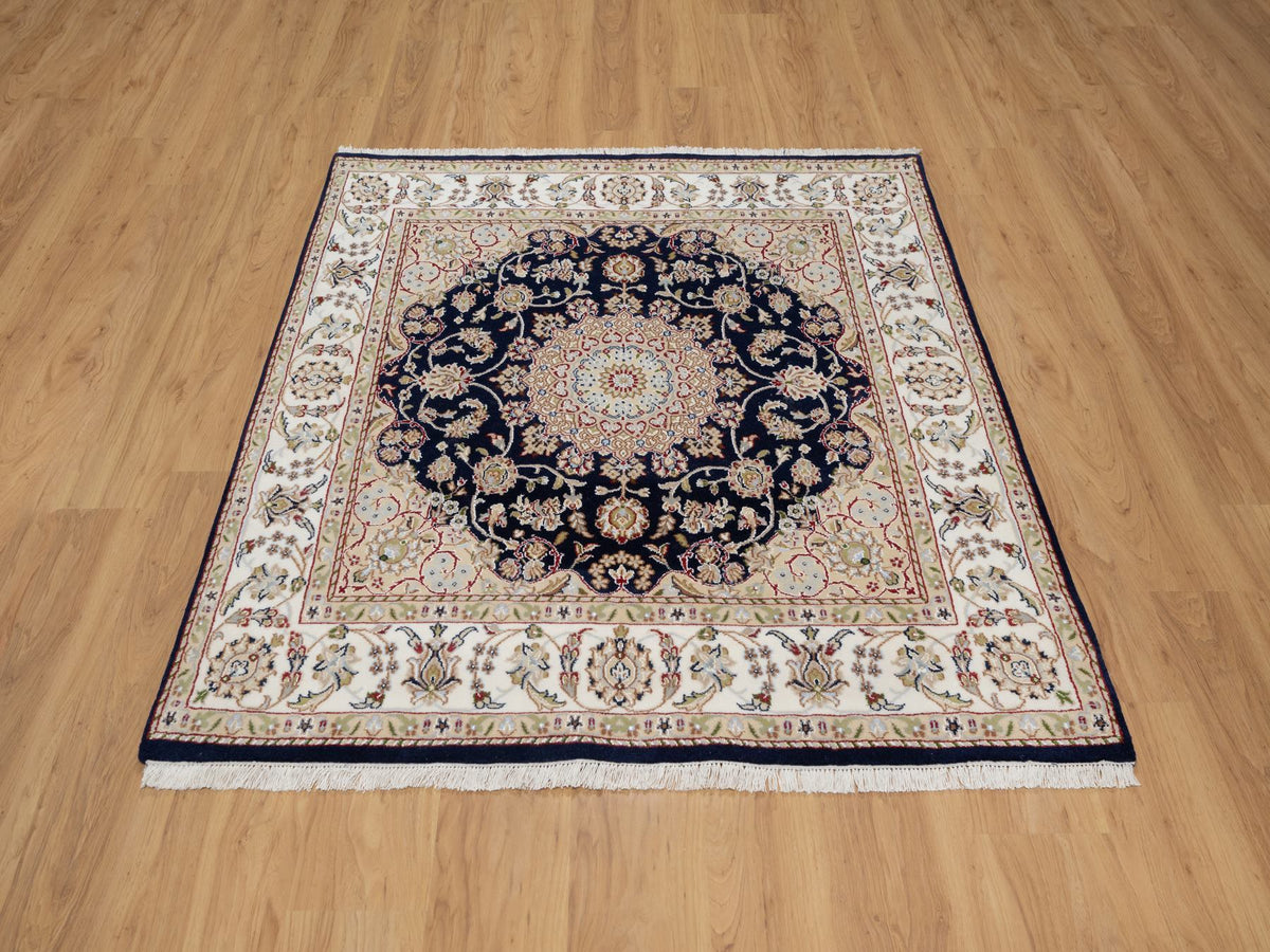 Nain Traditional hand-knotted wool/silk rug in Blue, 5'0" x 5'0", SKU O091054