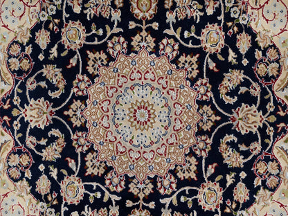 Blue 5'0" x 5'0" Fine Oriental Hand knotted Wool/Silk Rug - Sku: O091054