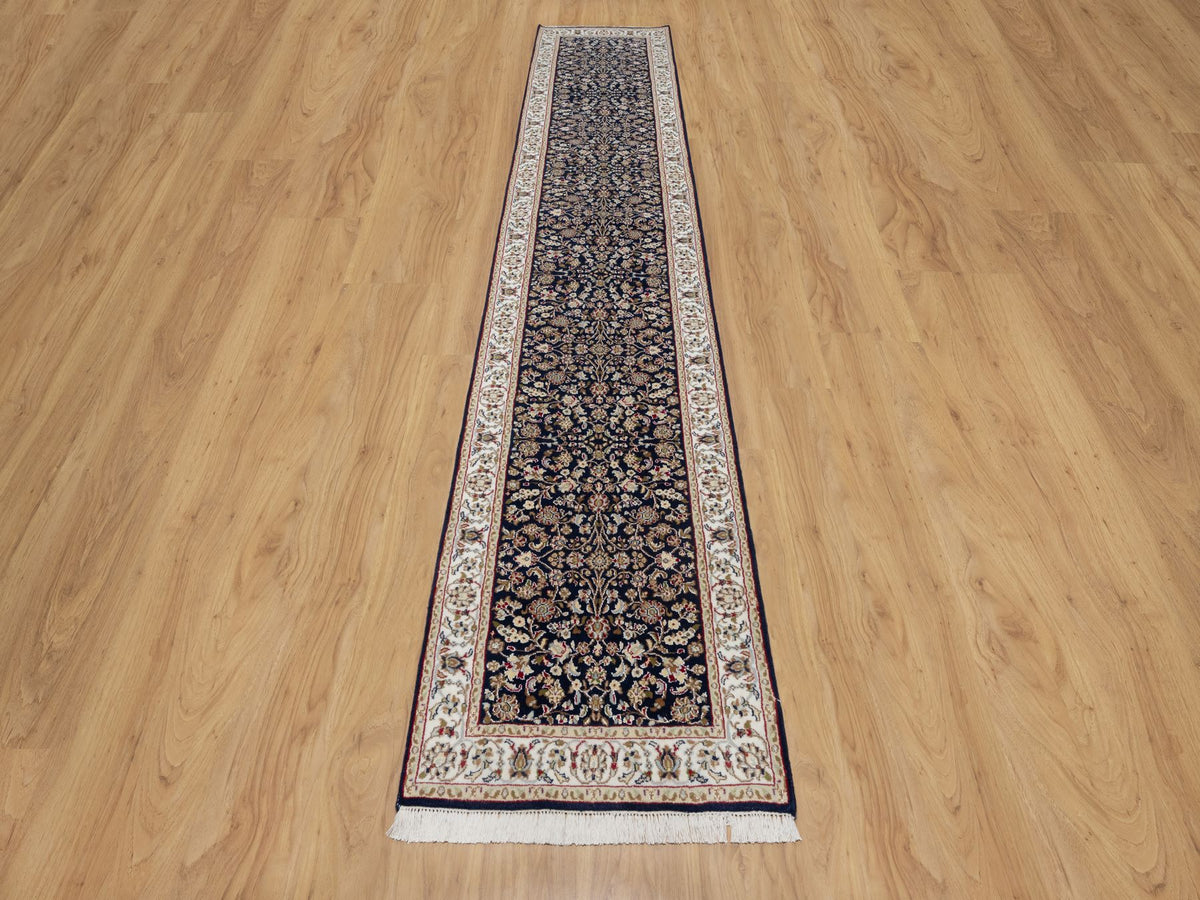 Nain Traditional hand-knotted wool/silk runner in Blue, 2'6" x 13'3", SKU O091076