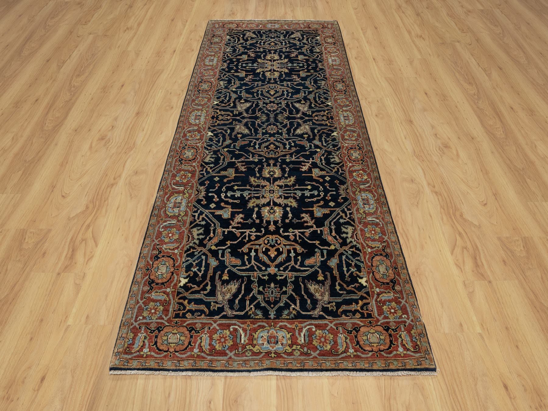 Blue 4'2" x 10'2" Traditional Hand knotted Wool Rug - Sku: O091088