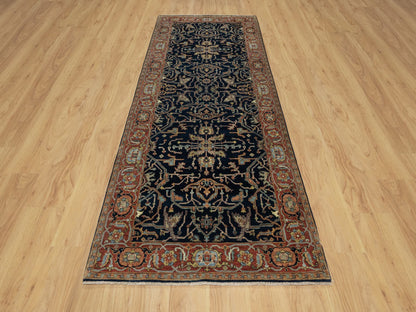 Blue 4'2" x 10'2" Heriz Hand knotted Wool Rug - Sku: O091088