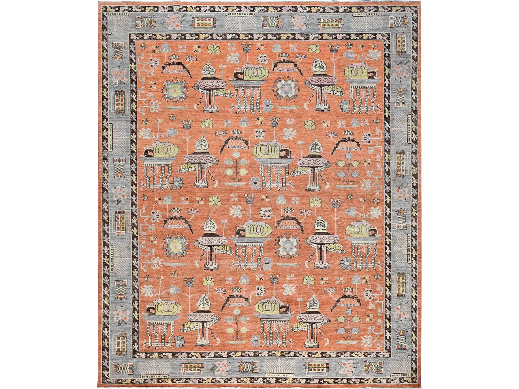 Khotan Khotan hand-knotted wool rug in Orange & Gray, 12'1" x 14'6" — SKU O0910