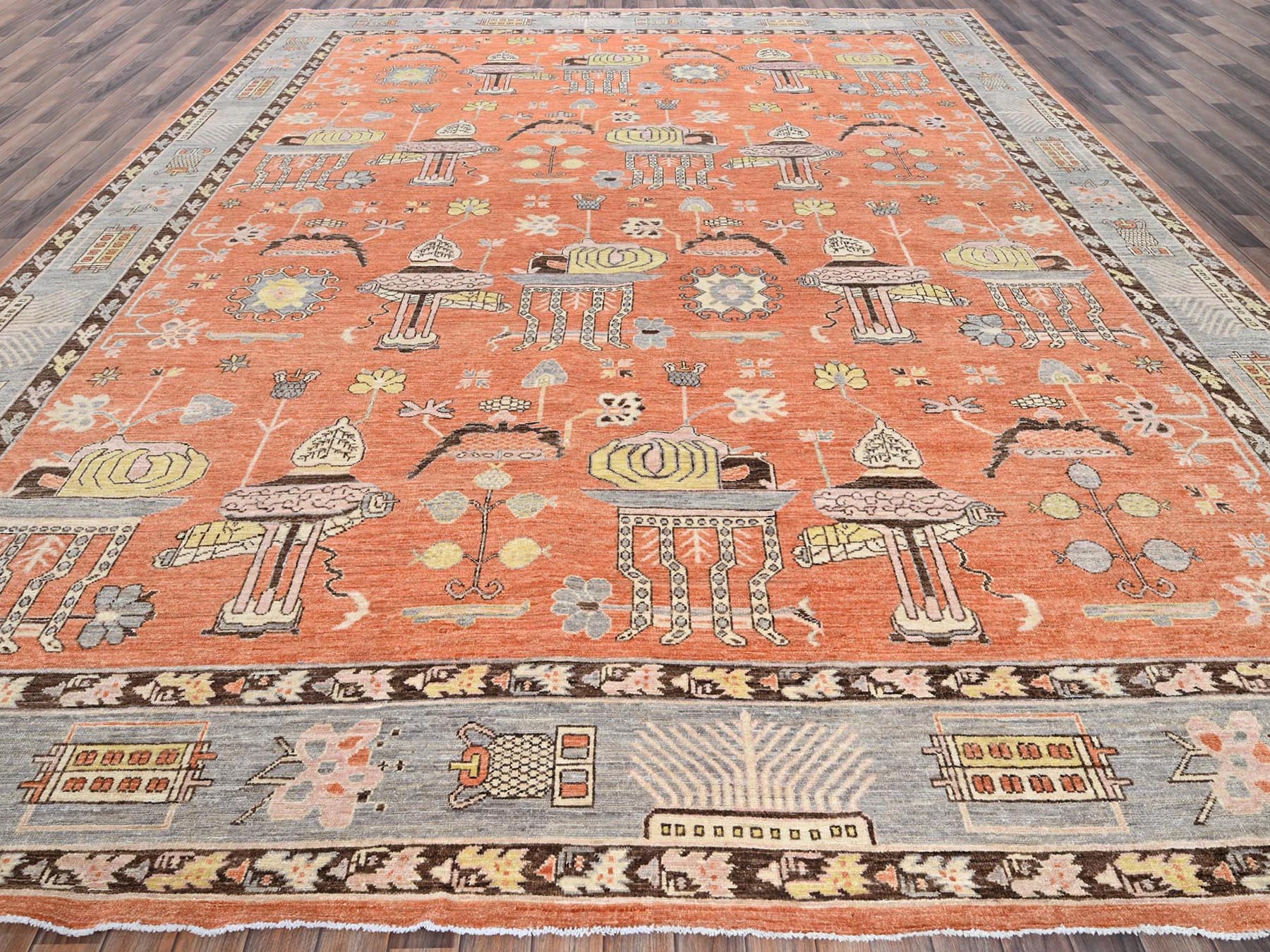 Orange 12'1" x 14'6" Khotan and Samarkand Hand knotted Wool Rug - Sku: O0910