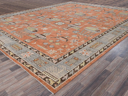 Orange 12'1" x 14'6" Khotan and Samarkand Hand knotted Wool Rug - Sku: O0910