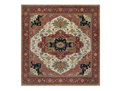 Ivory 12'0" x 12'3" Heriz Hand knotted Wool Rug - Sku: O091107